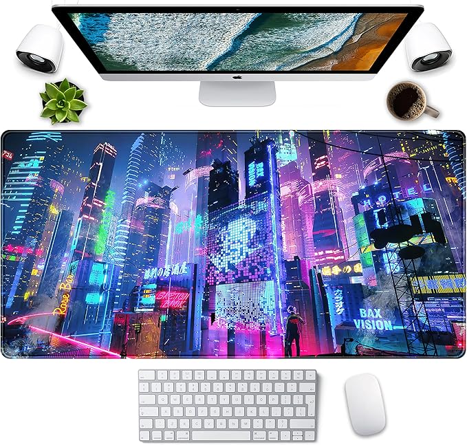 Japanese Street Desk Mat Futuristic Neon City Print Mouse Pad, Exclusive Desk