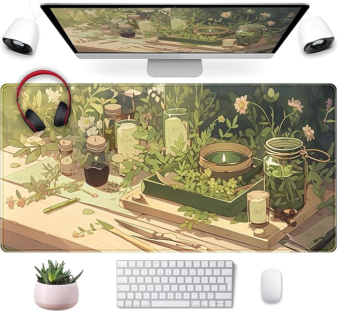 Cute Desk Mat Green Sage Mouse Pad Anime Forest XXL Large Extended Gaming