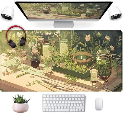 Cute Desk Mat Green Sage Mouse Pad Anime Forest XXL Large Extended Gaming