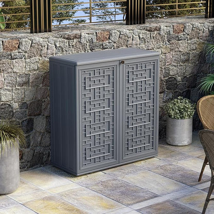 Indoor Outdoor Storage Cabinet Waterproof with Shelf,Plastic Storage Sheds Outdoor Cabinets for Patio/Garden/Backyard, Size 34.3''L*15''W*36.2''H（Gray）