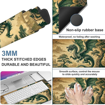 Vintage-Style Dragon Gaming Mouse Pad 3mm Thick Stitched Edge Waterproof