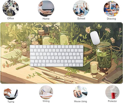 Cute Desk Mat Green Sage Mouse Pad Anime Forest XXL Large Extended Gaming