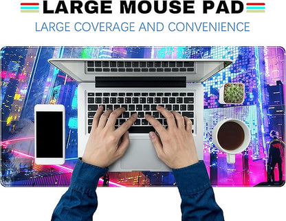 Japanese Street Desk Mat Futuristic Neon City Print Mouse Pad, Exclusive Desk