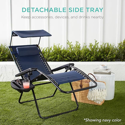 Best Choice Products Folding Zero Gravity Outdoor Recliner Patio Lounge Chair w/Adjustable Canopy Shade, Headrest, Side Accessory Tray, Textilene Mesh - Seafoam
