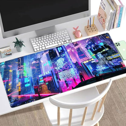 Japanese Street Desk Mat Futuristic Neon City Print Mouse Pad, Exclusive Desk