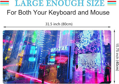 Japanese Street Desk Mat Futuristic Neon City Print Mouse Pad, Exclusive Desk