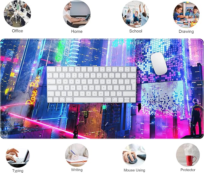 Japanese Street Desk Mat Futuristic Neon City Print Mouse Pad, Exclusive Desk