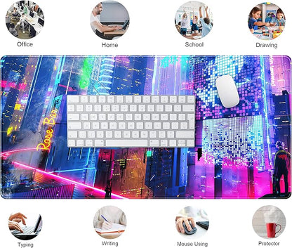 Japanese Street Desk Mat Futuristic Neon City Print Mouse Pad, Exclusive Desk