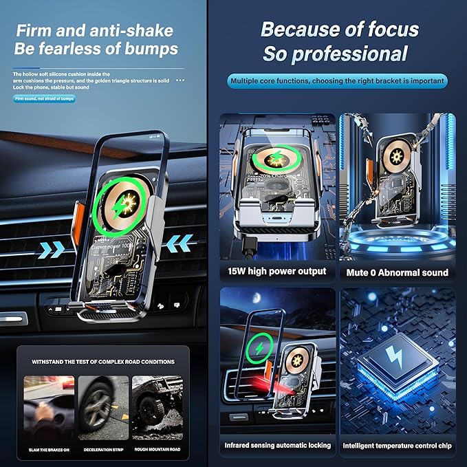 Car Phone Holder Charger Wireless Cell Phone Car Mount - 15W Fast Charging