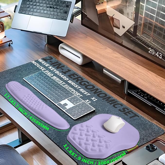2-in-1 Ergonomic Set, Wave Keyboard Wrist Rest and Massage Slope Mouse Pad
