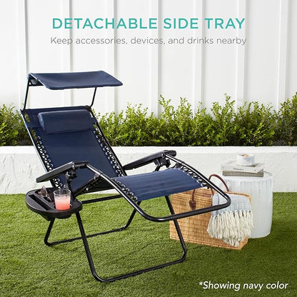 Best Choice Products Folding Zero Gravity Outdoor Recliner Patio Lounge Chair w/Adjustable Canopy Shade, Headrest, Side Accessory Tray, Textilene Mesh - Pink