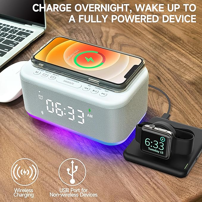 Alarm Clock Speaker Wireless Charger, Digital Alarm Clocks Bedrooms Bluetooth